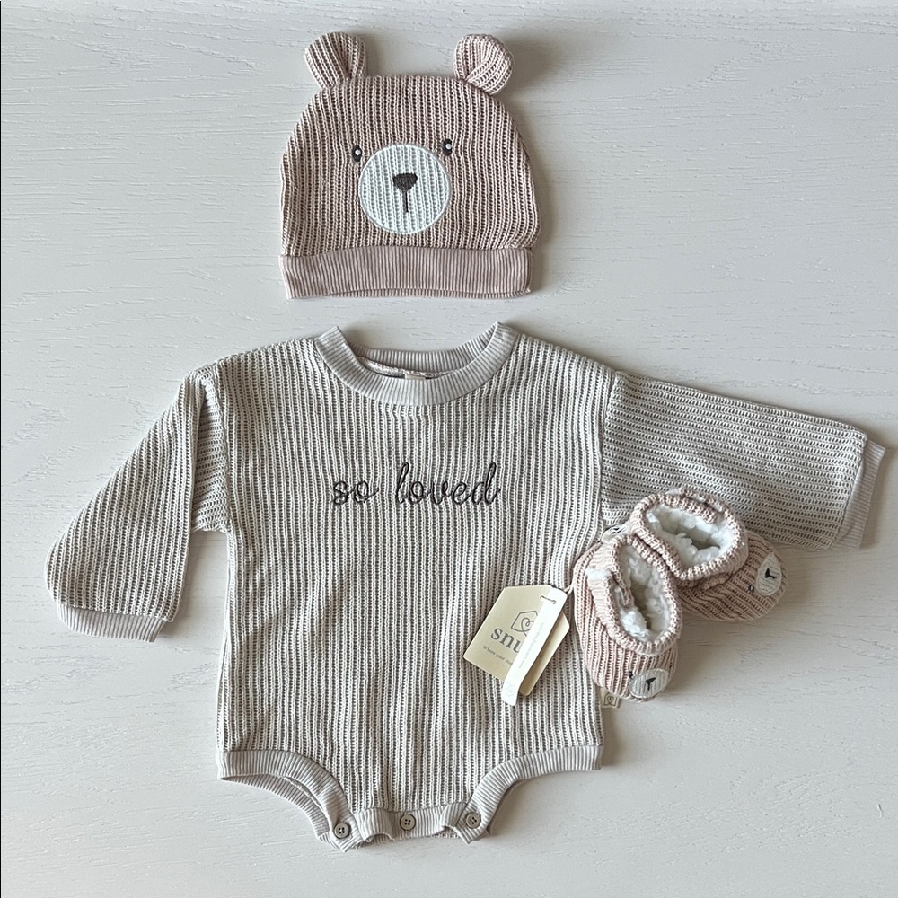 Snug Bear Knit Romper Booties Beanie Set 6-9 months
